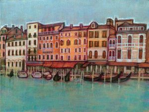 作品名:「ベネチアの船着き場」 画家名:「けい子」 コメント:「リアルト橋近辺には船着き場があり、カフェで船を待つ人達であふれていました。ゴンドラも沢山停泊していて旅人を待っていました。」 ART-Meter