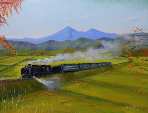 作品名:「秋の田園D51が走る」 画家名:「渡辺 正重」 コメント:「秋の磐越西線、安達太良山をバックにしてD51蒸気機関車が行く、」 ART-Meter