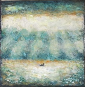 作品名:「輝く雲と海」 画家名:「ころね」 コメント:「太陽のあたった雲と海が輝いて見えている風景画です。側面も黒ぽい色で塗ってあります。」 ART-Meter