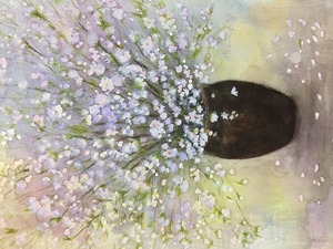 作品名:「さくらの頃に」 画家名:「杉本恵美子」 コメント:「桜の季節に、清楚な桜を近くでみたくて壺に活けてみました。その淡い色の花びらが心を落ち着かせてくれます。」 ART-Meter