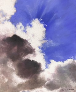 作品名:「空を見上げて」 画家名:「Emiri」 コメント:「重く暑い雲から差す光を描きました。ふと見上げると光の筋が綺麗に地上を照らしていました。この瞬間をぜひ絵にしたいと思い、直様写真を撮りました。雲の影にも黒だけではなく、様々な色が見えます。空の「光」を感じていただけたら嬉しいです。」 ART-Meter