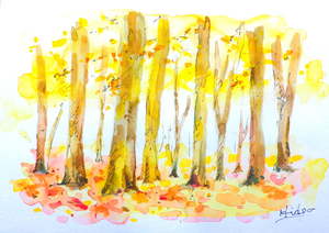 作品名:「美人林」 画家名:「山崎 英男」 コメント:「新潟県十日町市にあるブナの木が密集していて、その美しさから美人林と呼ばれている。」 ART-Meter