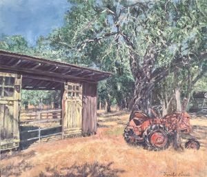 作品名:「カリフォルニアの農場」 画家名:「たんぽぽ母さん」 コメント:「強い夏の日差しの下、オークの木が広く枝を伸ばし、古びたトラクターと木製の門がこの農場の歴史を感じさせてくれました。」 ART-Meter