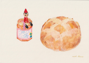 作品名:「パン」 画家名:「Nish Ihara」 コメント:「B5ヴィフアール水彩紙に水彩、マーカー、色鉛筆で描画。ブール・パッションフルーツジャム・ピノキオ。」 ART-Meter