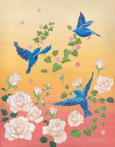作品名:「祝福」 画家名:「Kayoko」 コメント:「幸せの青い鳥が祝福してくれているイメージです。」 ART-Meter