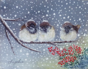作品名:「冬の雀」 画家名:「chizuko」 コメント:「寒そうだけど可愛い雀たち」 ART-Meter