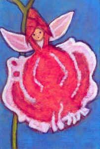 作品名:「紅姫」 画家名:「けい子」 コメント:「紅色に白の斑紋は、よくある花模様ですが、この天使は特に美しい模様だったので姫と名付けました。」 ART-Meter