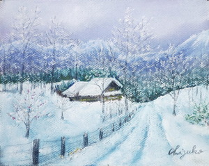作品名:「冬の道」 画家名:「chizuko」 コメント:「道路も家も木々も雪の中」 ART-Meter