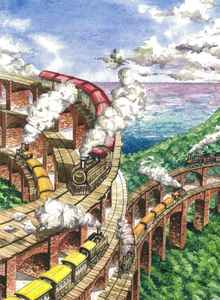 作品名:「カーブ、カーブ、カーブ!」 画家名:「mori」 コメント:「たくさんの列車が走り抜ける、開放感のある絵を描きたくなりました。乗客たちは、思い思いの目的地を自由にめざしています。」 ART-Meter