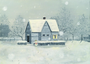 作品名:「雪の降る日」 画家名:「summer7」 コメント:「うさぎの住む家の外は、しんしんと雪が降っています。家の前にはマフラーをした雪だるまが置いてあります。家の中は暖かそうです。」 ART-Meter