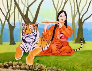 作品名:「虎と笛を吹く女性」 画家名:「岡 尊」 コメント:「野に憩う、虎を従えた女性」 ART-Meter