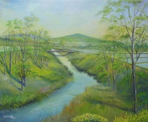 作品名:「春の雨あがり」 画家名:「渡辺 正重」 コメント:「故郷の、田園にも水が入って、田植えの準備が出来ました、小川にもメダカが泳いでいます。」 ART-Meter