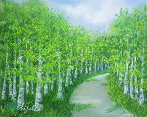作品名:「白樺林」 画家名:「chizuko」 コメント:「空気もとてもおいしい白樺の道」 ART-Meter