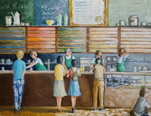 作品名:「朝のコーヒーショップ」 画家名:「牧野 友彦」 コメント:「朝のコーヒーショップのひと時を描いてみました。」 ART-Meter
