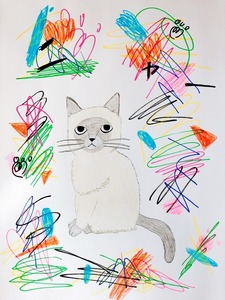 作品名:「にゃんこ」 画家名:「orico」 コメント:「色鉛筆とペンを使って猫を描きました。周りはカラフルな感じにしました。」 ART-Meter