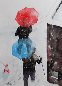 作品名:「雪の中で」 画家名:「山田太郎」 コメント:「めったに降らない雪の中で、カラフルな傘が印象的でした。」 ART-Meter