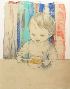 作品名:「スープ」 画家名:「summer7」 コメント:「子供がスープを飲むところです。うまくスプーンを使って飲めるかな。」 ART-Meter