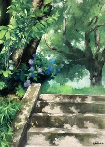 作品名:「日本の夏」 画家名:「Emiri」 コメント:「紫陽花も見頃を迎え、梅雨が明け、葉の緑も一層深みを増した頃、蝉が鳴き出し太陽は一層輝き、子どもたちの楽しそうな声が聞こえてきます。まさに日本の夏です。ガッシュ画(不透明水彩)です。」 ART-Meter
