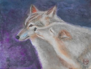 作品名:「狼の母子」 画家名:「山忠」 コメント:「母狼の毅然とした姿と、鼻をこすりつけて甘える、子供狼の表情に気をつけて描きました。」 ART-Meter