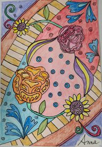 作品名:「トーン 1」 画家名:「Anna」 コメント:「バラのような花を主なモチーフにして、いろいろな小さなモチーフを使い、動きを表しています。カラフルに仕上げました。キッチンや食卓に飾ってほしいです。」 ART-Meter