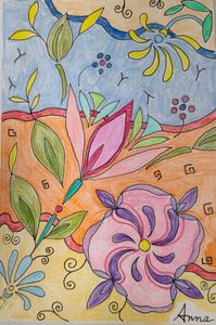 作品名:「トーン 2」 画家名:「Anna」 コメント:「パラパラと散っていくような花と存在感のある四角いモチーフ。波のようにバックの色があり、波打っている情景を出しています。リビングに飾ってみてください。」 ART-Meter