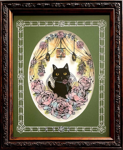 作品名:「Antique rose」 画家名:「はぎや」 コメント:「可愛らしい黒猫と薔薇をアンティーク風にデザインした切り絵です。※サイズは額外寸を記載※壁掛け用吊り紐付き」 ART-Meter