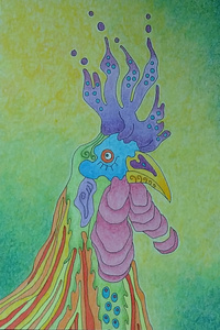 作品名:「凛とする鶏(黄緑)」 画家名:「きしま光」 コメント:「たくさんの鶏の中で、一際きりりとした佇まいでした。」 ART-Meter