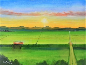 作品名:「朝焼けの踏切」 画家名:「渡辺 正重」 コメント:「朝一番の通勤電車が通る、田園に、かかる踏み切りが、カンカンと、辺りを、響かせてます。」 ART-Meter