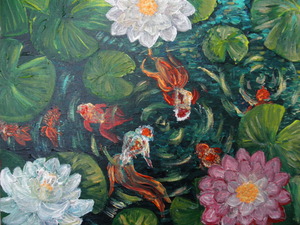 作品名:「睡蓮池の金魚」 画家名:「落果珊」 コメント:「美しい睡蓮が咲く池に波紋を描きながら、戯れて泳ぐ金魚たち。」 ART-Meter