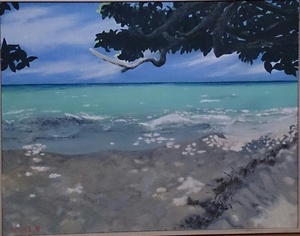 作品名:「ビーチと木陰」 画家名:「まえの」 コメント:「アクリル絵の具で描いています。マチエールで盛り上げを少し入れています。落ちている小枝は紙を使用しています。砂浜には細かい珊瑚砂を全体に入れているので、白浜の湿った感じや複雑な陰の色を出すときに役立ちました。」 ART-Meter