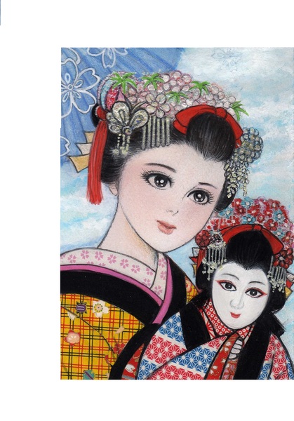 日本人 女性 着物姿 (鉛筆画) 手描きイラスト／鉛筆画】 A4絵画 人物画 ドール 着物
