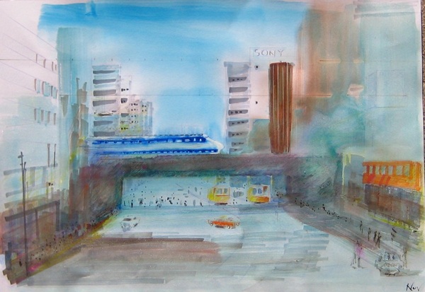 再確認:最初の絵はフラッシュ撮影してます。こだまの先のビル左側に光る縦帯と左側先の 靄の中に光る塊は ハレーションです・・実際はこの絵の様に何も生じてません・・明るさのイメージ 最初の絵が原稿に近い・・原稿の方がさらに明るい。1968年頃の 銀座慕情です。