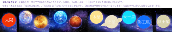 今後の制作予定・・・太陽系シリーズ全てで計6枚の作品となります。今現在、「水星と金星」と「地球と火星」を描き終えましたので、今後は「木星と土星」、「天王星と海王星」「冥王星」と「太陽」の4枚を描く予定です。完成まで今しばらくお待ちくださいませ。