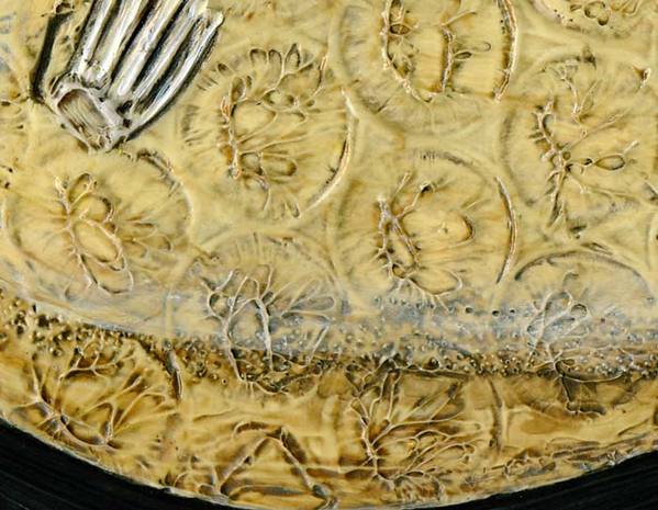 部分拡大。全面にモデリングペースト(盛り上げ剤)を塗布して質感を作っています。魚の体の部分は、ぷちぷち(緩衝材)を押し付けて型を取り、模様を作りました。