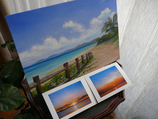 色鉛筆画、サイズA3、石垣島の海岸。