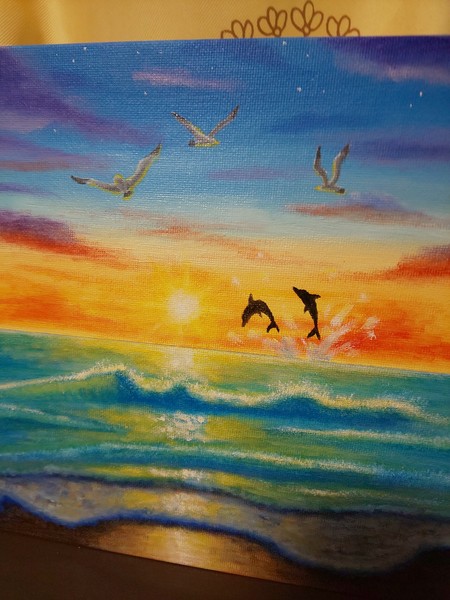 海とイルカの 色鉛筆 アート 風景画