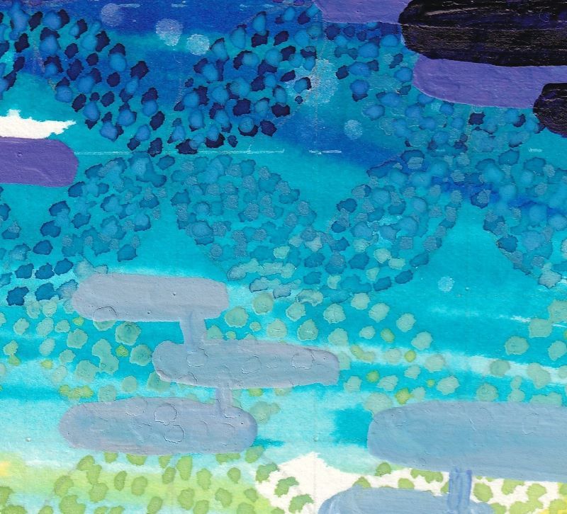 一点一点、水玉を置きながら描きました。
同じ絵の具でも置く水玉の量で微妙に色が変わり、
それが深い味わいになっています。