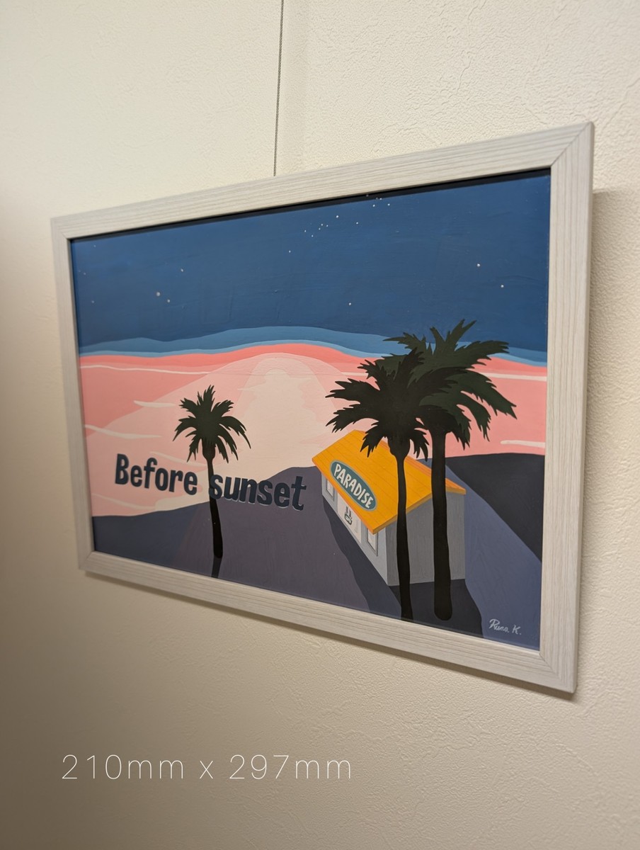 A4と表記されたフレームでも、220mm x 310mmなど大きめに作られているものもあり絵画の横に隙間が見えてしまう可能性があります。
画像内表記のサイズのフレームを選んでいただくか、大きなサイズのフレームに中抜きマットをお使い下さい。