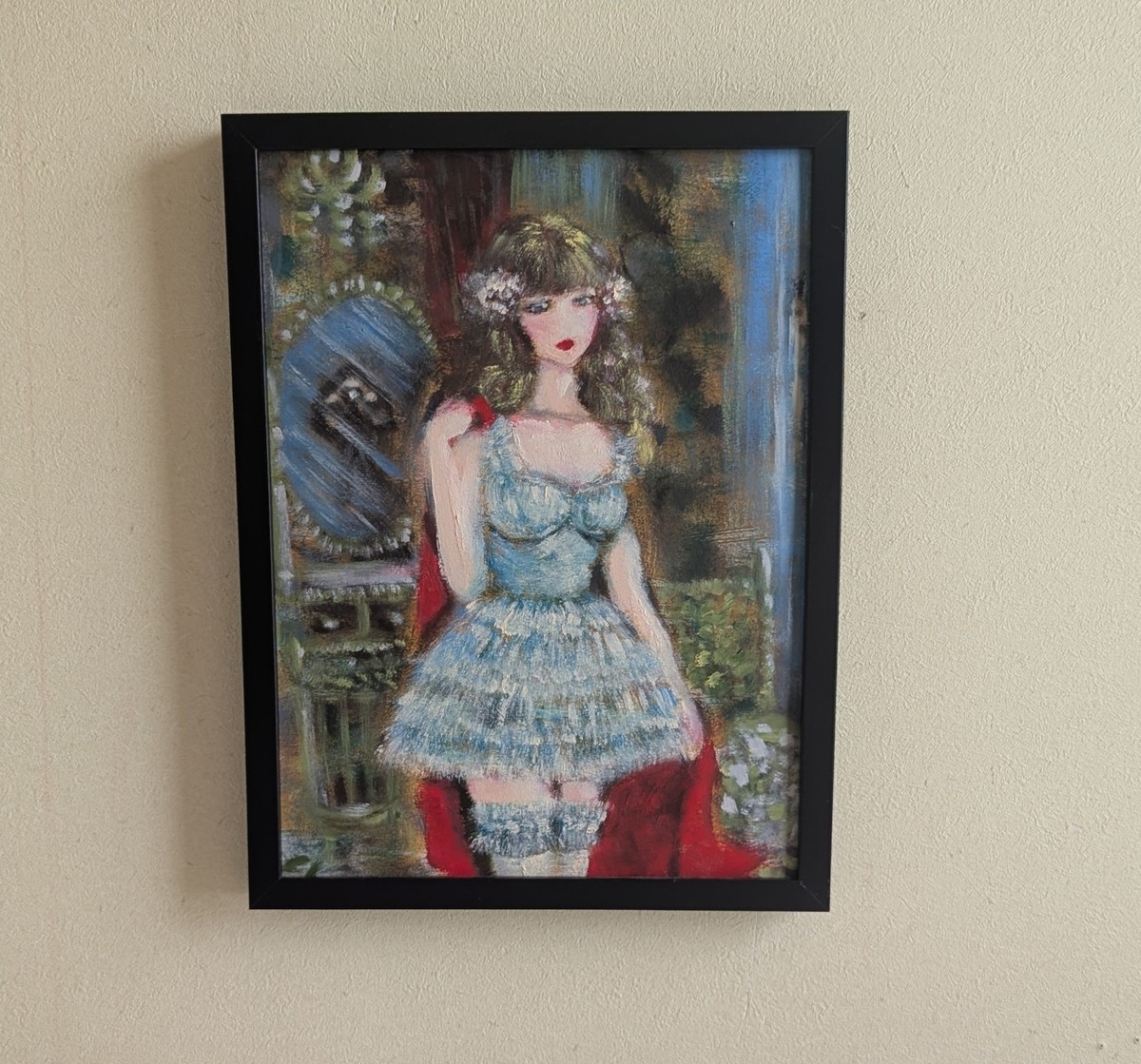 額装込みのお値段となります。画鋲1個に引っ掛けて飾っています。