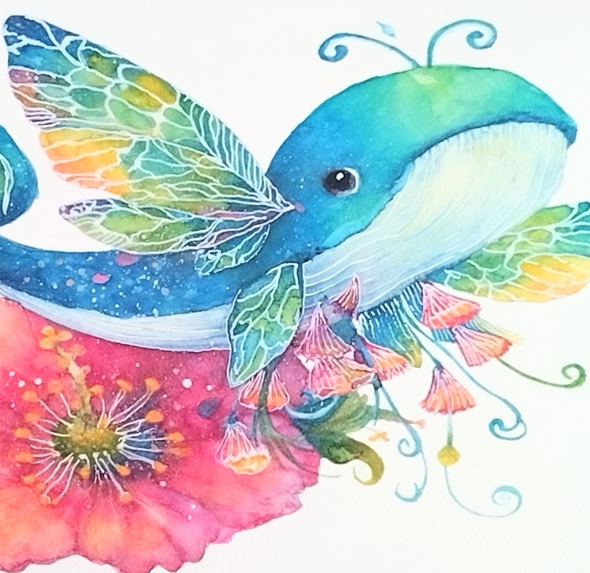 作品の右側アップ。
羽の部分には輝く偏光絵具を使用しています。