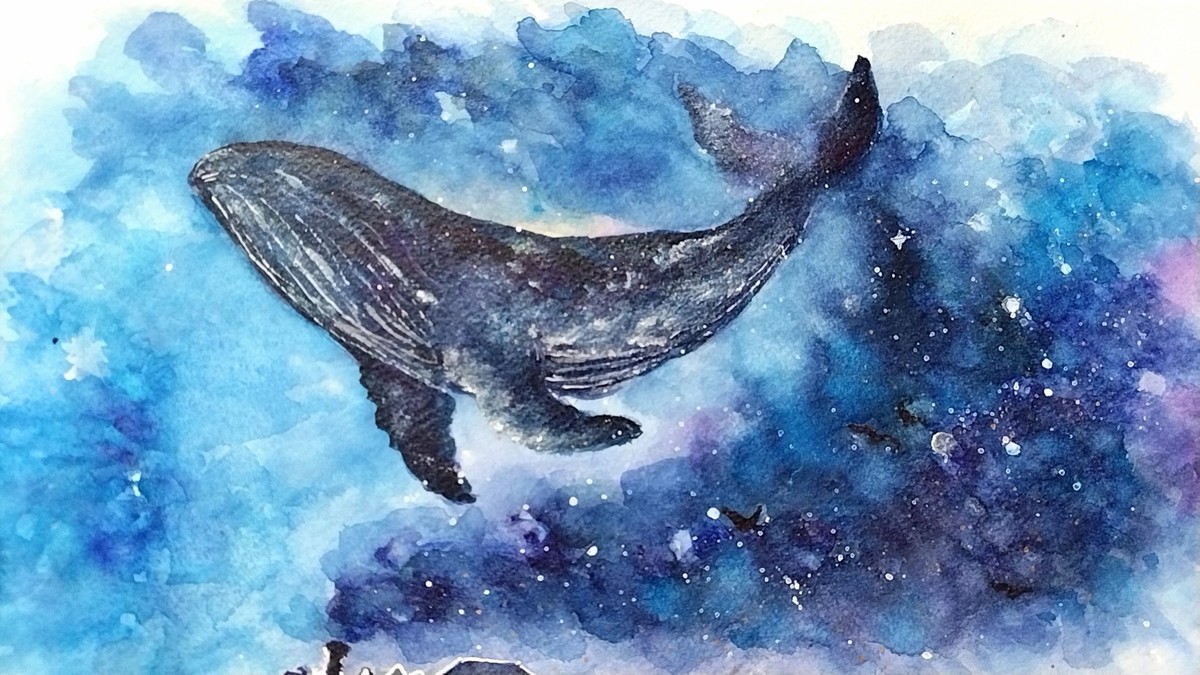 星空を飛泳する魔法の鯨は、暗黒星雲をモチーフに描きました。この暗黒星雲から星が誕生します。