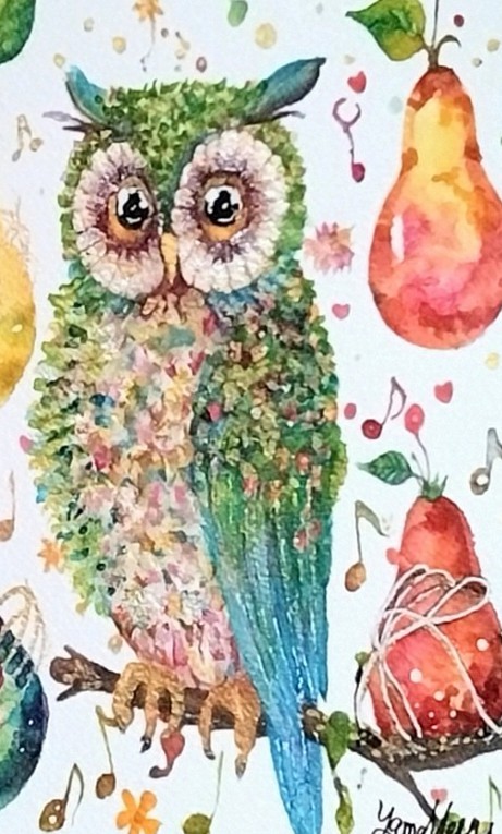 偏光絵具の重ね塗りで表現した輝きが印象的なフクロウです。