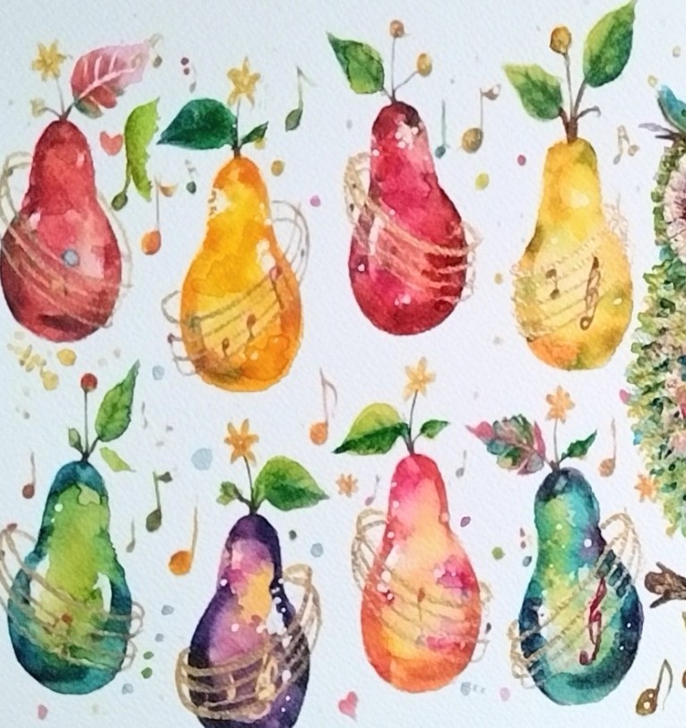 洋梨一つ一つに個性を持たせた楽しい構図になっています。