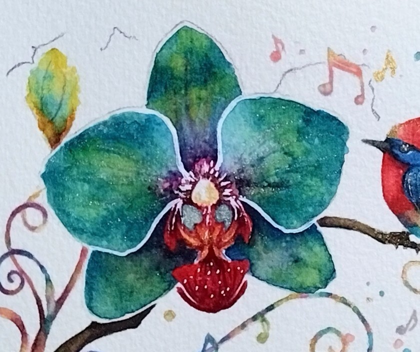 深い緑と青の蘭の花は、幻想的で神秘的な印象を与えます。
中心の赤と白のアクセントが、視線を引き寄せる焦点になっています。