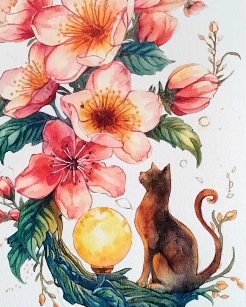 ​透明水彩の瑞々しさに加え、Dr.マーチン・ボンベイ インディアインクと色鉛筆を併用することで、従来の淡い水彩画の枠を超えた「独特の鮮やかさ」と「ディテールのシャープさ」を両立させました。