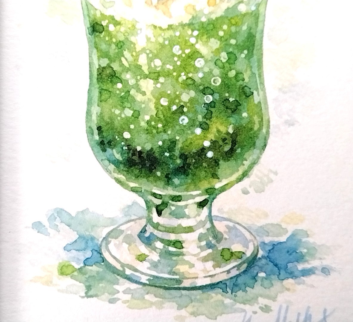 透明水彩の軽やかさに、Dr.マーチン・ボンベイ インディアインクを重ねることで、ソーダの底に溜まる深いシロップの色合いを鮮烈に表現しています。