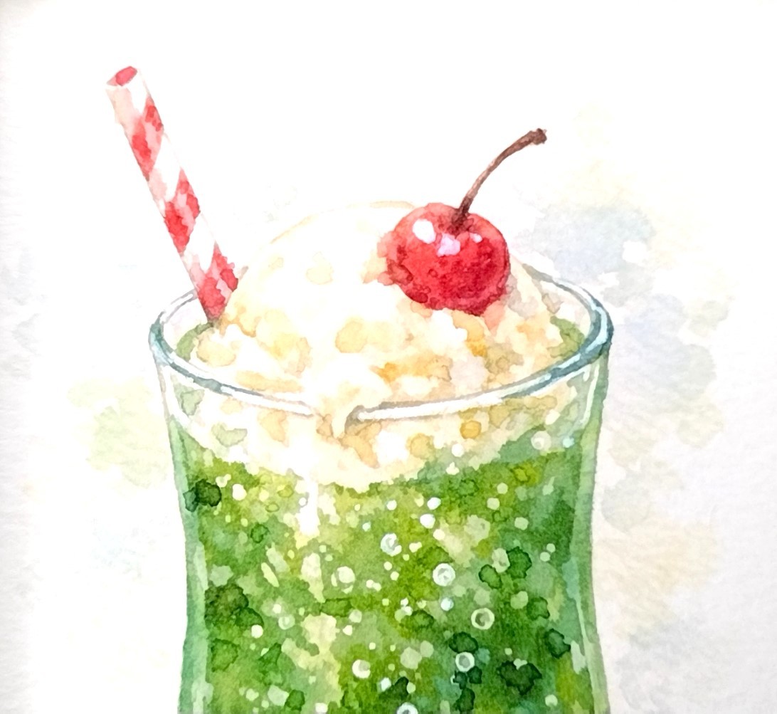 色鉛筆を併用し、グラス表面の結露や、ソーダの中で踊る小さな気泡、そしてバニラアイスの柔らかな質感まで丁寧に描き込みました。
