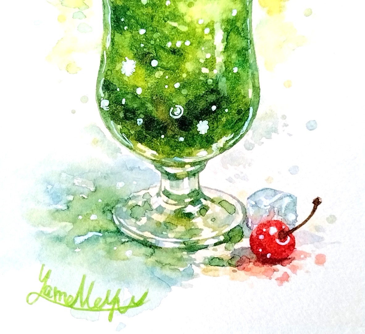 氷の角や、アイスクリームの溶け際、そしてグラスに浮かぶ小さな気泡のひとつひとつを色鉛筆とホワイトペンで丁寧に描写。密度を高めることで、ポストカードサイズながらもしっかりとした存在感を持たせました。