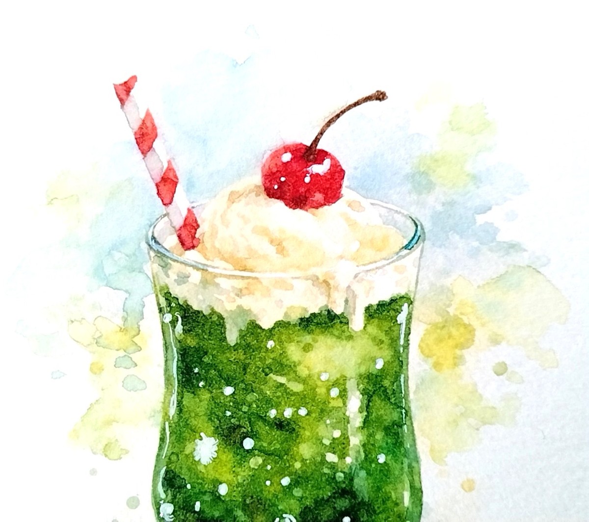 透明水彩の滲みに、発色の良いDr.マーチン・ボンベイ インディアインクを重ねることで、ソーダ特有の透き通るような発色を表現。水彩だけでは出せない、ハッとするような色の強さを共存させています。