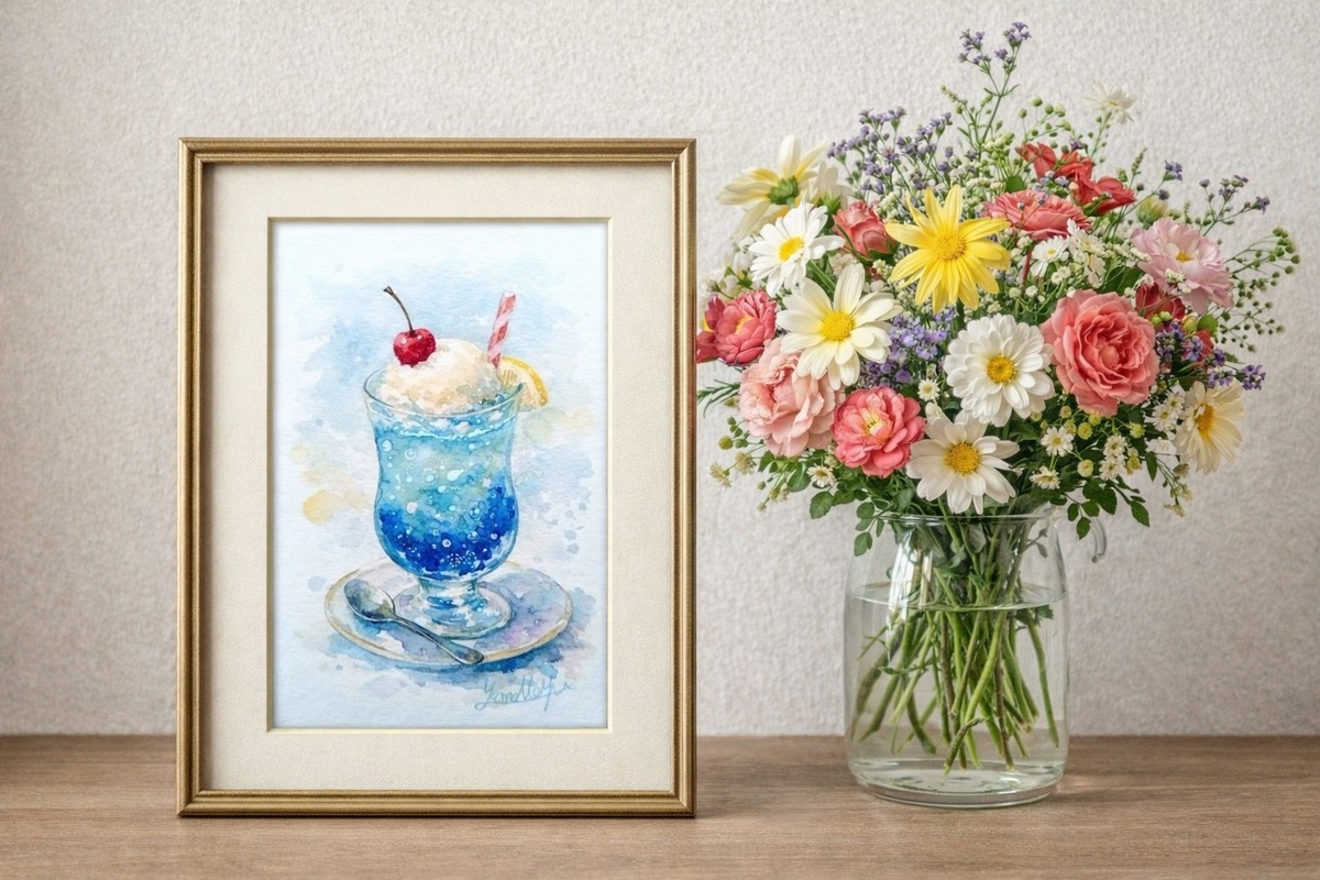 額装無しでの販売ですので、お好みのフレームに入れて飾っていただくのはもちろん、ミニイーゼルに立ててキッチンやデスクに飾るのもおすすめです。 日常のふとした瞬間に、喫茶店で一息つくような安らぎを添えてくれます。